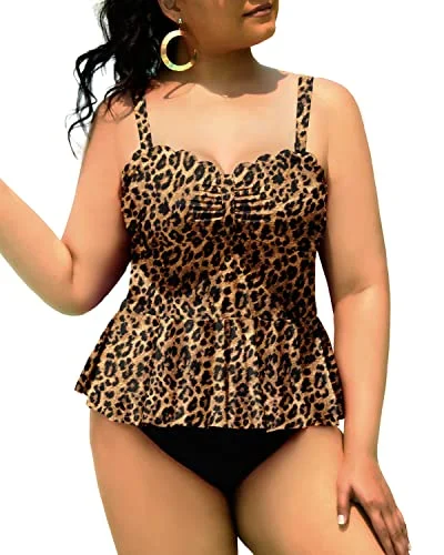 Ruched women swimwear with fabric gathers for a slimming effectWomen Plus Size 2 Piece Tankini Swimsuits Tummy Control Bathing Suits-Black And Leopard