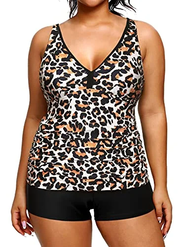 Metallic women swimwear with a shiny finish for a glamorous poolside lookV Neck Plus Size Tankini Shorts Tummy Control Tankini Two Piece Bathing Suits-Black And Leopard