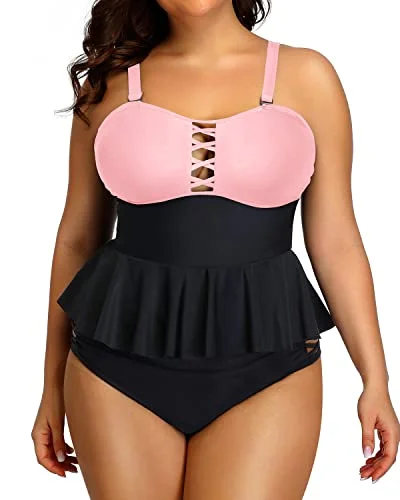 Maternity women swimwear for expecting mothers to enjoy the water comfortablyPeplum Tankini Tops Built-In Padded Bra For Women Plus Size Bathing Suits-Pink And Black