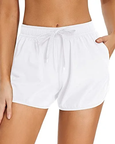 High - waisted women swimwear for a retro and flattering lookElastic Waistband Drawstring Swim Shorts Pockets For Teen Girls-White