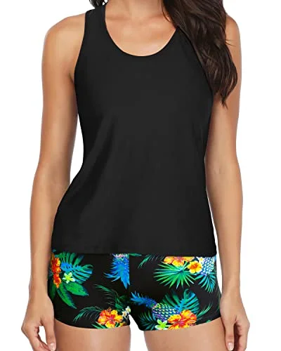 High - waisted women swimwear for a retro and flattering lookModest Tankini Set Boyshort For Women-Black Pineapple