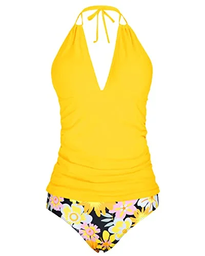 Long - sleeve women swimwear for extra sun protection and modestyRuched Bathing Suit Plunge Deep V Neck Two Piece Tankini-Yellow Flowers