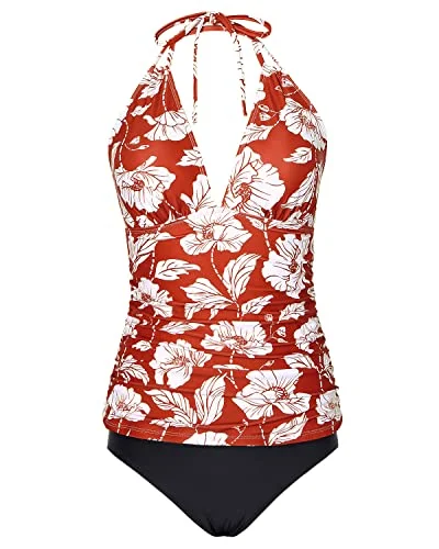 Striped women swimwear with a classic pattern for a timeless beach lookTummy Control Halter Tankini Swimsuits Bikini Bottom For Women-Red Floral