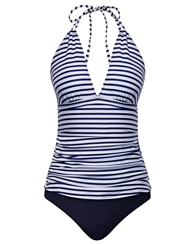 One - piece women swimwear with cut - outs for a stylish and modern appealHalter V Neck Tankini Set Bikini Bottom Tummy Control Bathing Suits-Blue White Stripe