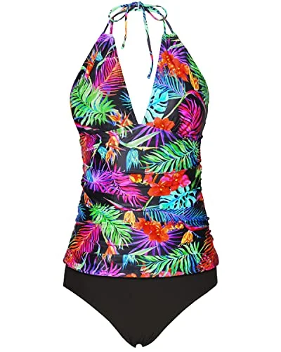 Printed floral women swimwear for a feminine and colorful beach vibeV Neck Cute Tankini Swimsuits Bikini Bottom Tummy Control Bathing Suits-Dark Green Leaves