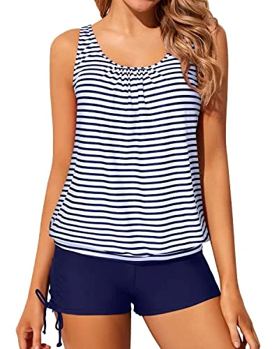 Striped women swimwear with a classic pattern for a timeless beach lookLoose Fitting Blouson Tankini Swimsuits For Women Tops Boyshorts-Blue White Stripe