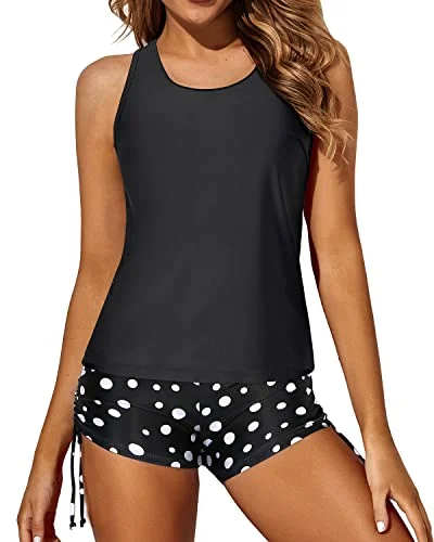 Printed floral women swimwear for a feminine and colorful beach vibeAthletic And Flattering Tank Top Boy Shorts For Women's Swimwear-Black Dot