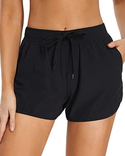 One - piece women swimwear with cut - outs for a stylish and modern appealWomen's Sporty Boardshorts Pockets Drawstring Swim Trunks For Teen Girls-Black