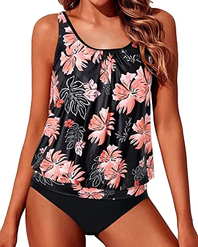 Sports women swimwear for high - intensity water activities like swimming lapsPretty And Flattering Blouson Tankini Swimsuits For Women-Black Orange Floral