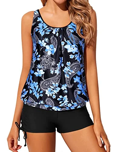 Striped women swimwear with a classic pattern for a timeless beach lookLoose Fit Bathing Suits For Women Blouson Tankini Swimsuits-Black Floral