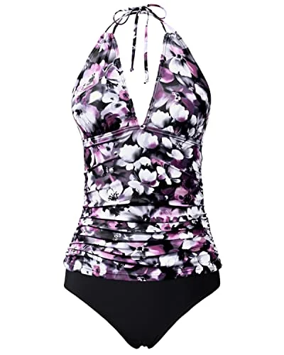 Neon - colored women swimwear to stand out on the beachHalter Tankini Swimsuits V Neck And Bikini Bottom Two Piece Tankini-Purple Flower