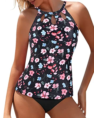 High - waisted women swimwear for a retro and flattering lookLong Torso Friendly High Waisted Tankini Set For Women-Black And Pink Floral