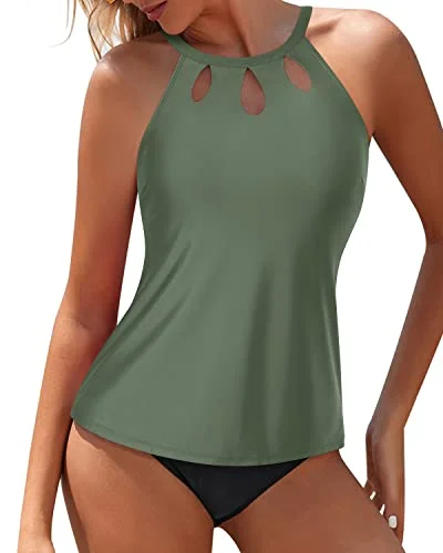 Metallic women swimwear with a shiny finish for a glamorous poolside lookTwo Piece Tummy Control High Neck Tankini Swimsuits For Women-Olive Green