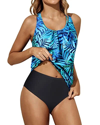 High - performance women swimwear with quick - drying fabric for active swimmersBlouson Tankini Tops Bikini Bottoms Swimsuit Blouson Swimwear-Dark Blue Green Leaves