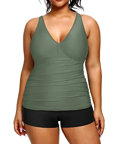 Maternity women swimwear for expecting mothers to enjoy the water comfortablyAthletic Plus Size Tankini Boy Shorts Removable Padded Bra Bathing Suits-Olive Green