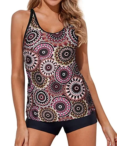 Long - sleeve women swimwear for extra sun protection and modestyTummy Control Tankini Swimwear Shorts For Women-Brown Print