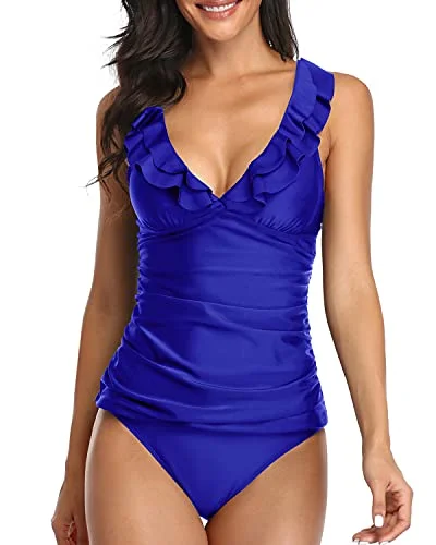 Striped women swimwear with a classic pattern for a timeless beach look2 Piece Ruched Bathing Suits Tummy Control Swimsuits Falbala Ruffle-Royal Blue