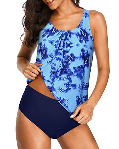 Sports women swimwear for high - intensity water activities like swimming lapsRemovable Padded U Neck Tankini Swimwear For Women-Blue Tie Dye