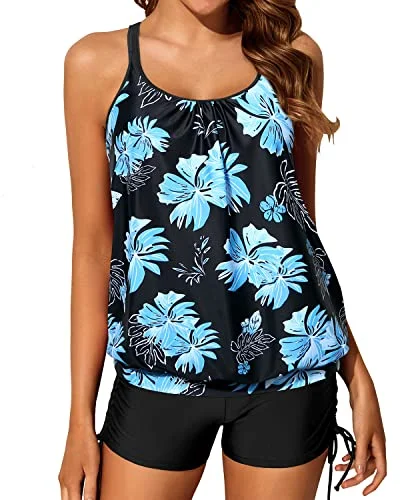 Maternity women swimwear for expecting mothers to enjoy the water comfortablySlimming Adjustable Shoulder Straps Blouson Tankini Bathing Suits-Black Blue Floral