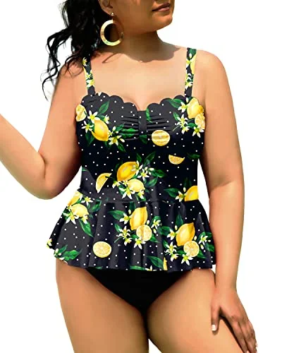 Maternity women swimwear for expecting mothers to enjoy the water comfortablyWomen Peplum Swimwear Scalloped Swimsuits Tummy Control Bathing Suits-Black Lemon