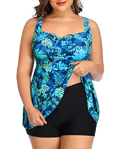 Plus - size women swimwear with full - coverage bottoms for comfort and confidenceAdjustable Shoulder Straps Bathing Suits Tankini Swimsuits Shorts-Blue Leaves