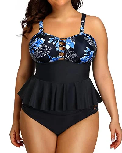 Rash - guard women swimwear for sun protection during water sportsPeplum Tankini Tops Ruched Tummy Control For Women Plus Size Bathing Suits-Blue Paisley