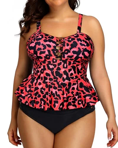 Bikini women swimwear with adjustable straps for a customized fitLace Up Women's Plus Size Swimsuits Peplum Tankini Tops-Red Leopard