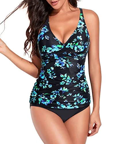 Sustainable women swimwear made from recycled materials for eco - conscious beachgoersFront Ruched Tummy Control Tankini Swimsuits For Women-Black Blue Floral