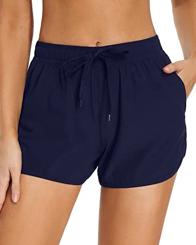 Striped women swimwear with a classic pattern for a timeless beach lookBreathable Quick-Dry Swim Shorts Side Pockets For Teen Girls-Navy Blue