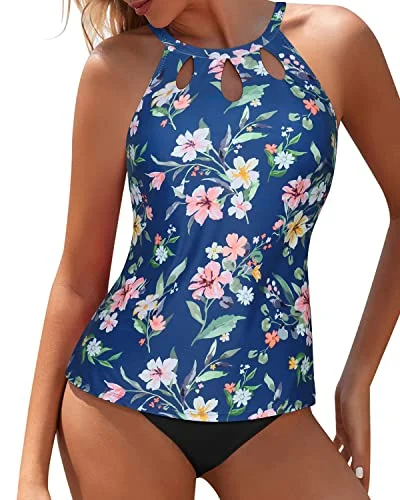 Sports women swimwear for high - intensity water activities like swimming lapsTummy Control & Modest Coverage Two Piece Tankini Bathing Suit-Blue Flower