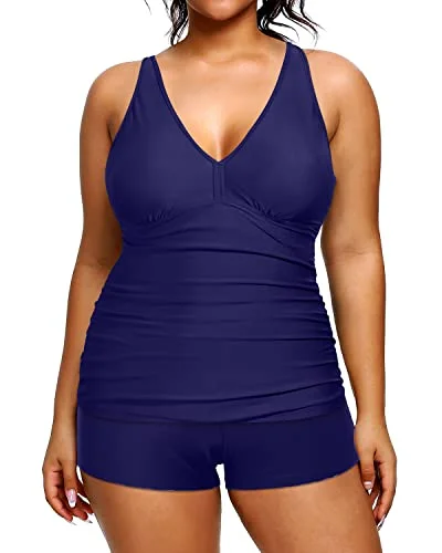 Neon - colored women swimwear to stand out on the beachAthletic Women's Plus Size Swimsuits Ruched Tummy Control Two Piece Sets-Navy Blue