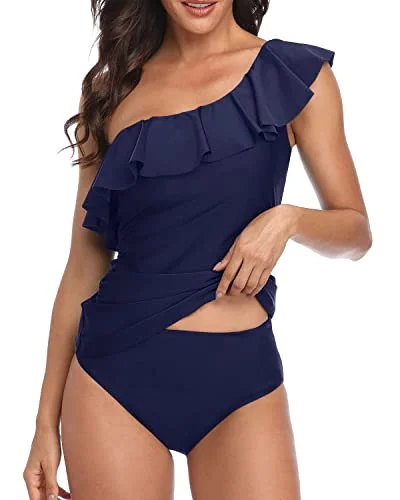 Sustainable women swimwear made from recycled materials for eco - conscious beachgoersAsymmetric One Shoulder Neckline Swimsuits For Women-Navy Blue