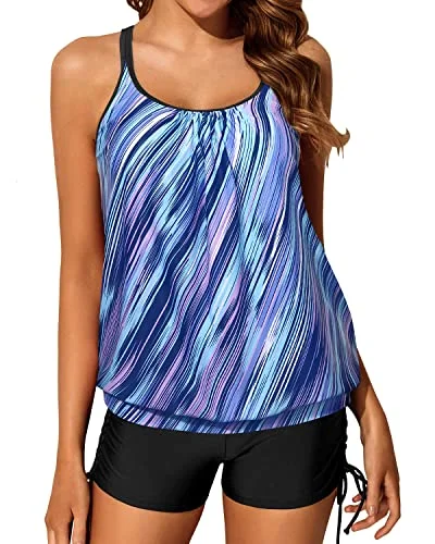 Convertible women swimwear that can be worn in multiple styles for versatilitySlimming Criss Cross Back Blouson Tankini Swimsuits Boy Shorts-Blue And Black Stripe