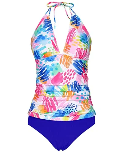 Bikini women swimwear with adjustable straps for a customized fitV Neck Halter Tankini Swimsuits Bikini Bottom Tummy Control Bathing Suits-Colorful