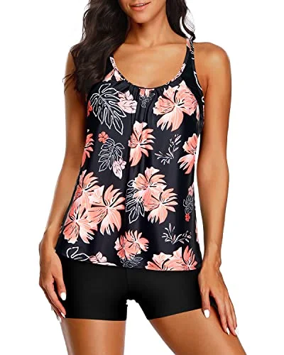 Metallic women swimwear with a shiny finish for a glamorous poolside lookDouble Up Tankini Top Boy Shorts Tankini Swimsuits For Women-Black And Orange Floral