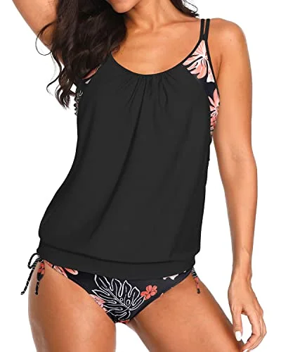 Neon - colored women swimwear to stand out on the beach2 Piece Tankini Set Blouson Swim Tops And Bikini Bottoms-Black Floral