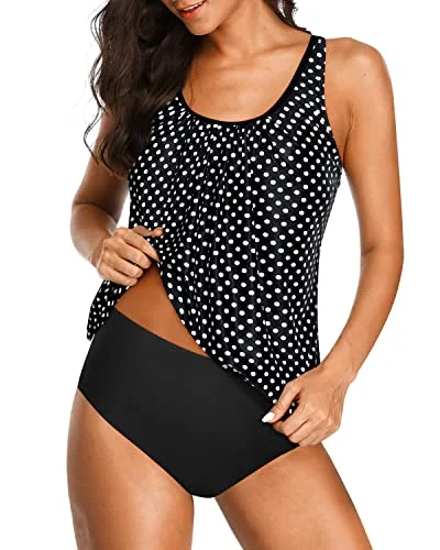 Sports women swimwear for high - intensity water activities like swimming lapsWomen's 2 Piece Blouson Tankini Swimsuits Tummy Control Bathing Suits-Black Dot