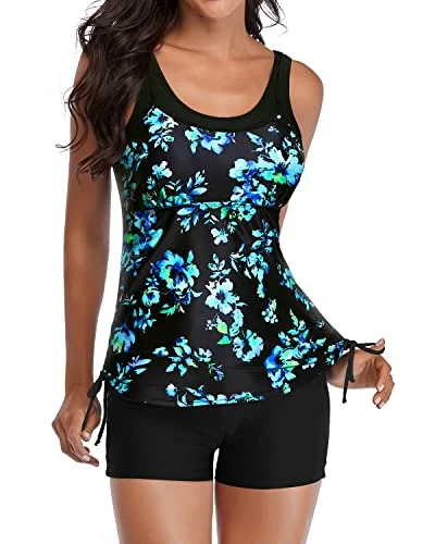 Tropical - print women swimwear for a vacation - ready beach styleVolleyball Sport Tankini Swimsuits Shorts Slimming Swimwear-Black Blue Floral