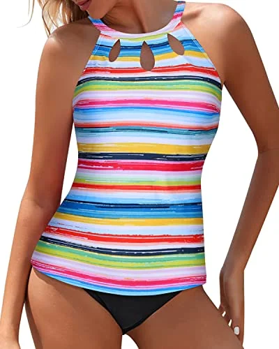 Printed floral women swimwear for a feminine and colorful beach vibeLaides Keyhole Design Tankini 2 Piece High Neck Bathing Suit-Striped And Black