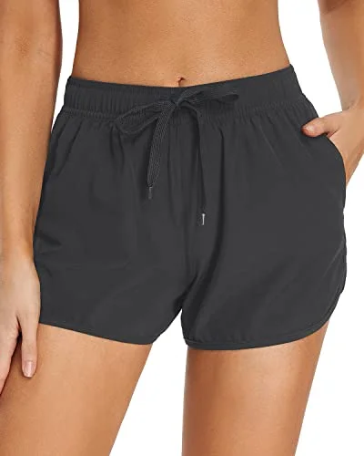 Ruched women swimwear with fabric gathers for a slimming effectAthletic Women's Swim Shorts Pockets Drawstring Swim Bottom Trunks-Grey