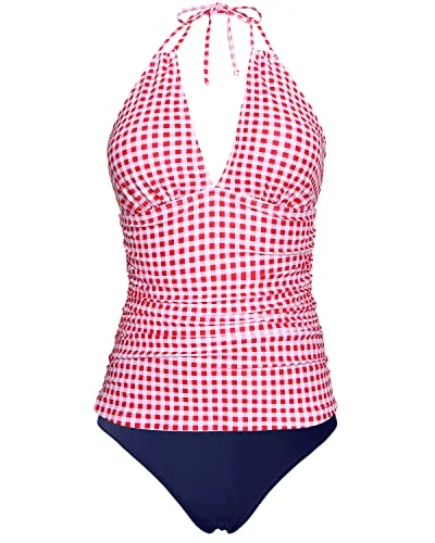 Maternity women swimwear for expecting mothers to enjoy the water comfortablyV-Neck Tankini Sexy Double Straps Detail For Women-Red Plaid And Blue