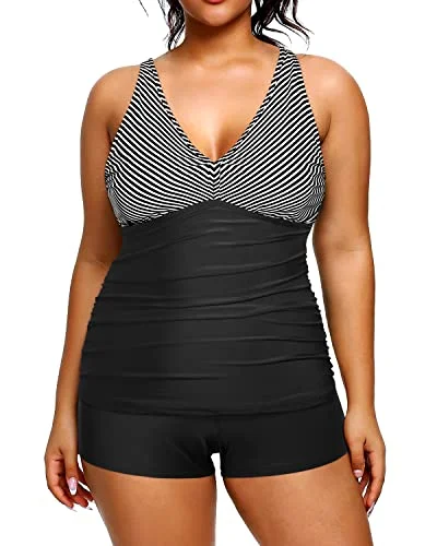 Monokini women swimwear with a unique one - piece - meets - bikini designRuched Plus Size Athletic Tankini Two Piece Swimsuits Shorts-Black And White Stripe