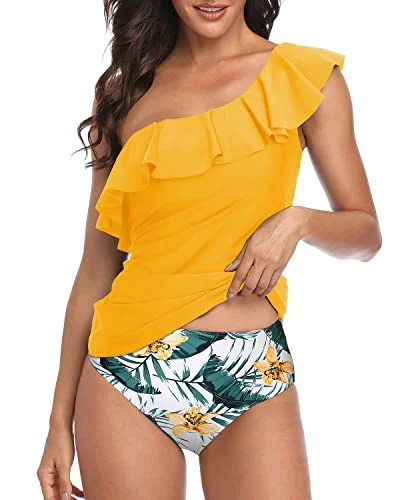 Monokini women swimwear with a unique one - piece - meets - bikini designSlimming Swimsuits For Women Flounce Tankini Set-Yellow Flowers