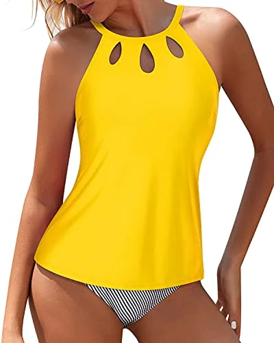 One - piece women swimwear with cut - outs for a stylish and modern appealTummy Control High Waisted Halter Tankini Swimsuits For Women-Yellow Stripe