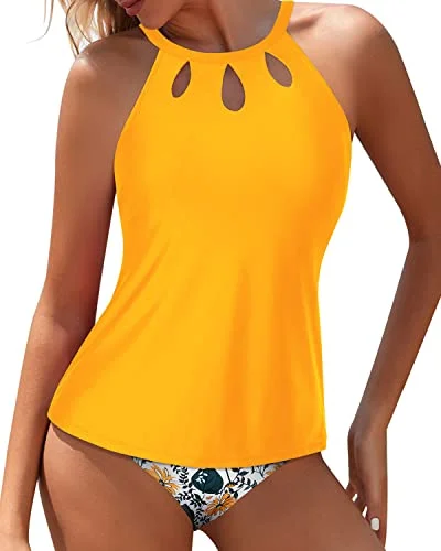 High - performance women swimwear with quick - drying fabric for active swimmersHalter Backless Tankini Modest Tummy Control Bottom-Yellow Floral