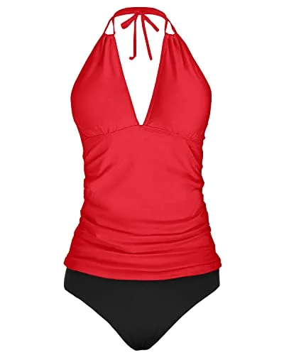 Push - up women swimwear to enhance the bust for a more confident beach lookBackless V Neck Tankini Tops Bikini Bottom Tummy Control-Neon Red