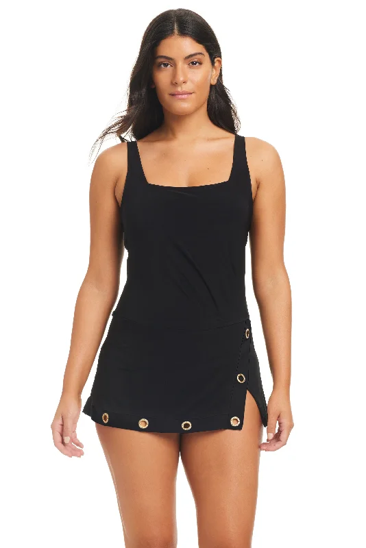 Grommets Tummy Control Swim Dress One-Piece Swimsuit