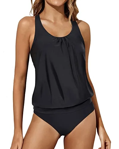 Sustainable women swimwear made from recycled materials for eco - conscious beachgoersWomen's Racerback Tank Tops Bottoms Blouson Tankini Swimwear-Black