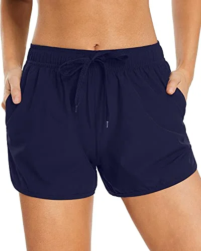 High - waisted women swimwear for a retro and flattering lookAthletic Elastic Waistband Adjustable Drawstring Swim Shorts For Women-Navy Blue