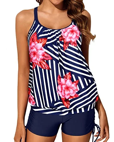 Long - sleeve women swimwear for extra sun protection and modestyFull Coverage Drawstring Boyleg Bottom Womens Blouson Tankini Swimsuits-Blue Floral